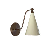 Angled front view of the Luna Modern White Cone Wall Sconce featuring a handcrafted white tapered cone shade, decorative finial, curved wall arm, and round backplate in an antique bronze finish.