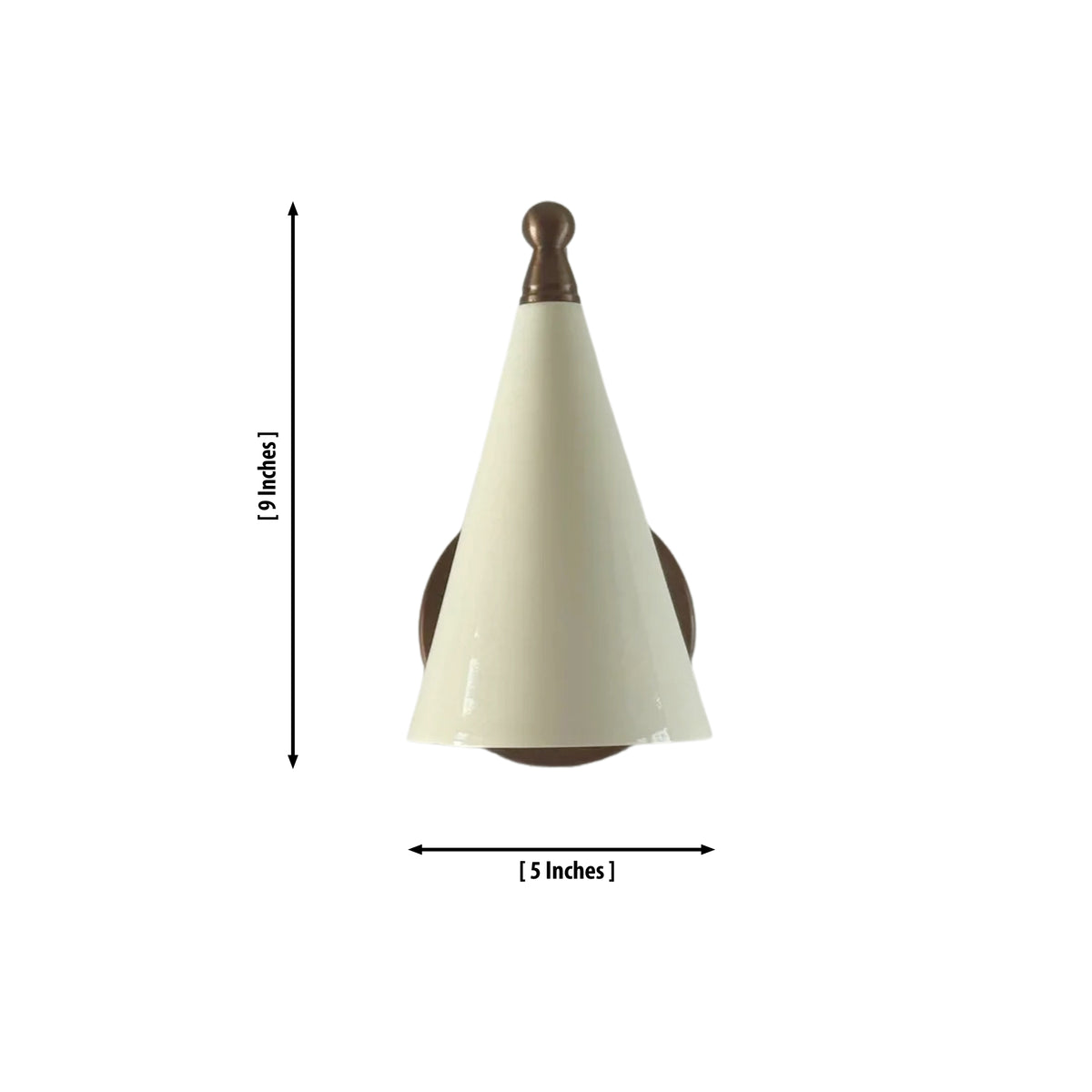 Dimension diagram of the Luna Modern White Cone Wall Sconce measuring 9 inches in height with a 5-inch shade diameter.