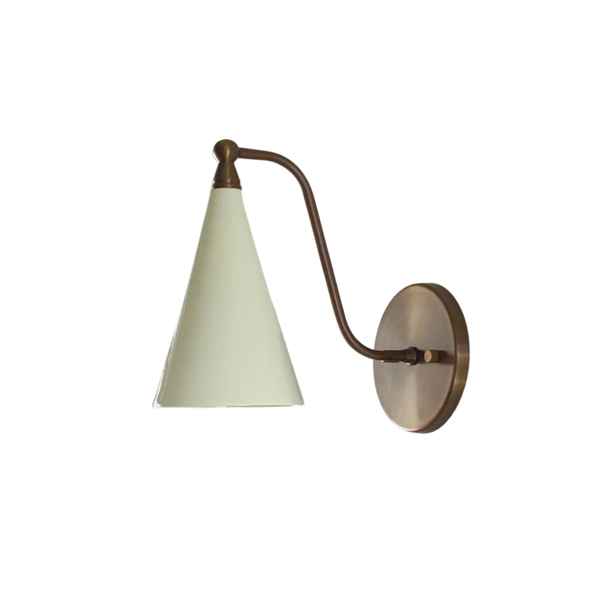 Side view of the Luna Modern White Cone Wall Sconce showcasing the glossy white cone shade, elegant curved wall arm, decorative finial, and round wall canopy.

