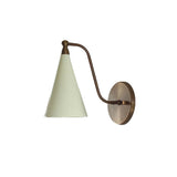 Side view of the Luna Modern White Cone Wall Sconce showcasing the glossy white cone shade, elegant curved wall arm, decorative finial, and round wall canopy.

