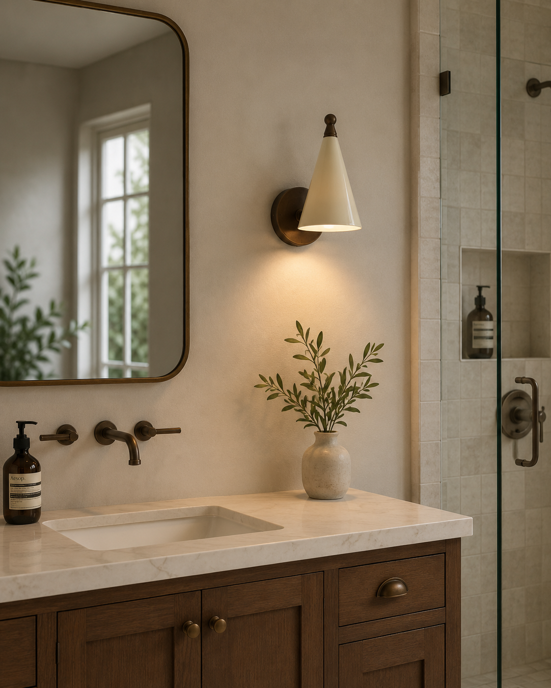 Luna Modern White Cone Wall Sconce installed beside a bathroom vanity mirror, providing warm downward illumination while complementing modern, Scandinavian, Japandi, and transitional interiors.