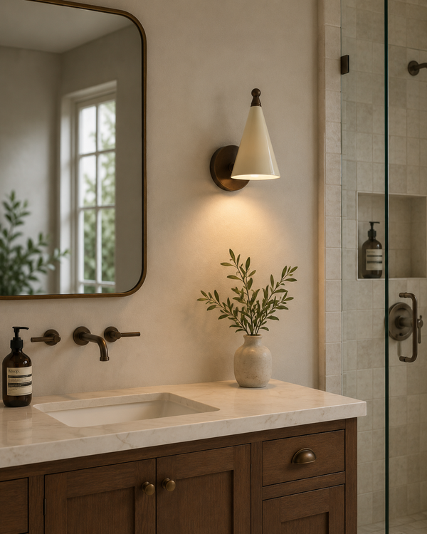 Luna Modern White Cone Wall Sconce installed beside a bathroom vanity mirror, providing warm downward illumination while complementing modern, Scandinavian, Japandi, and transitional interiors.
