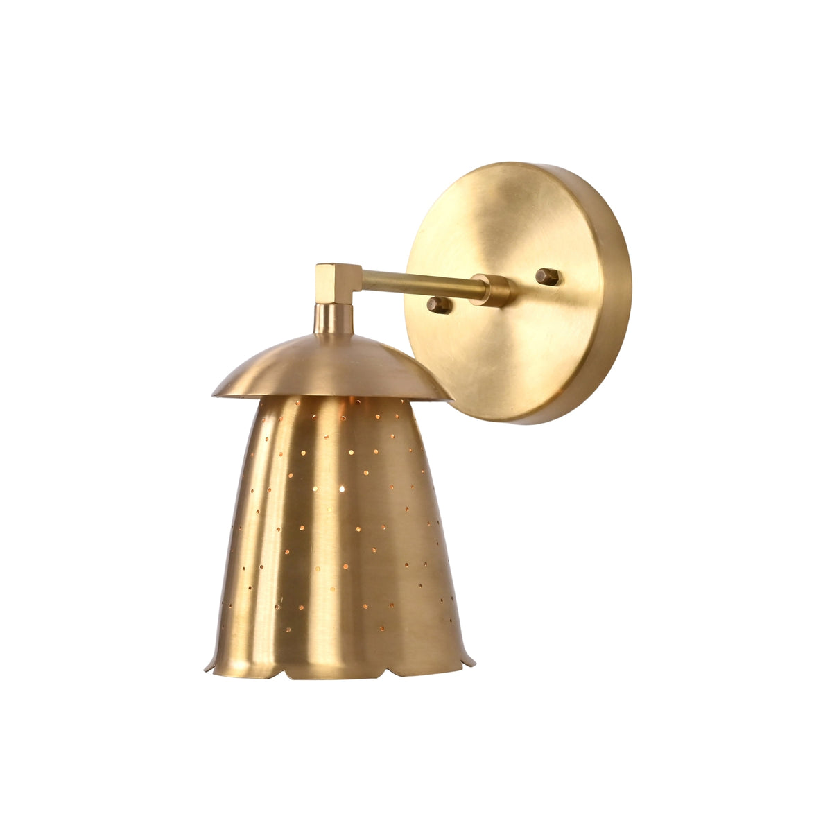 Angled view of Luna perforated bell wall sconce showing curved shade cap and round wall plate.