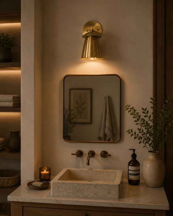 Luna perforated bell wall sconce installed above bathroom mirror with warm decorative vanity lighting.
