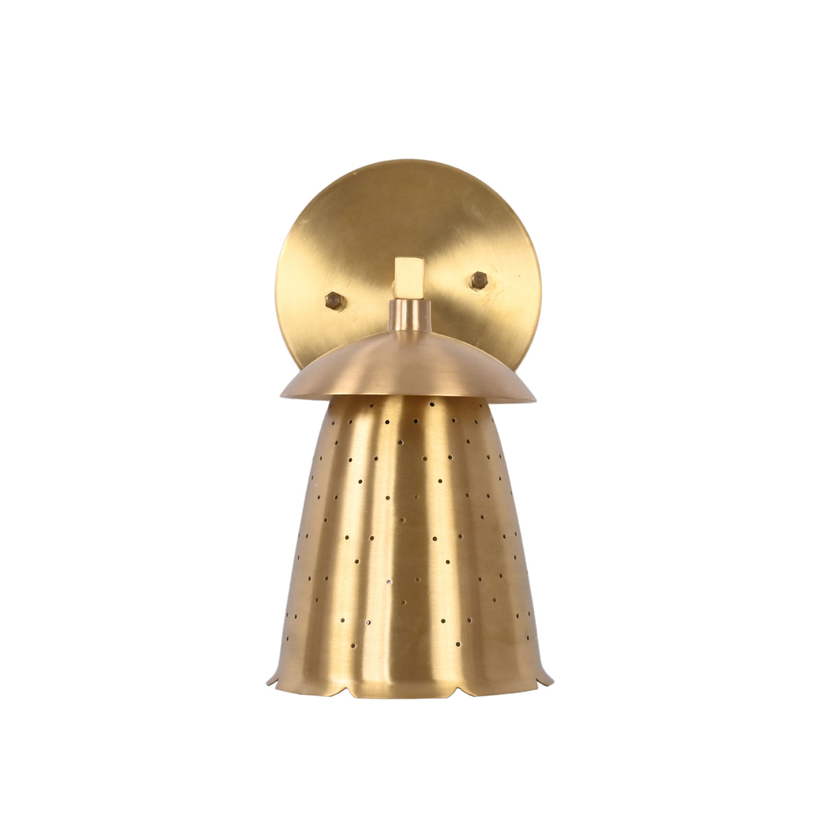 Front view of Luna perforated bell wall sconce with round backplate and scalloped shade edge.