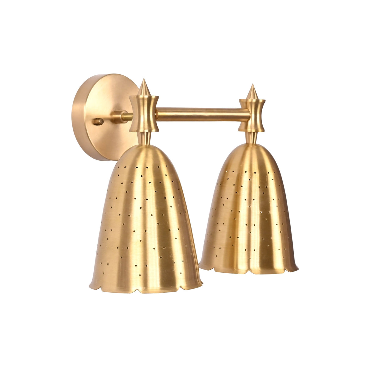 Side angled view of Luna double bell wall sconce with perforated shades and decorative top details.