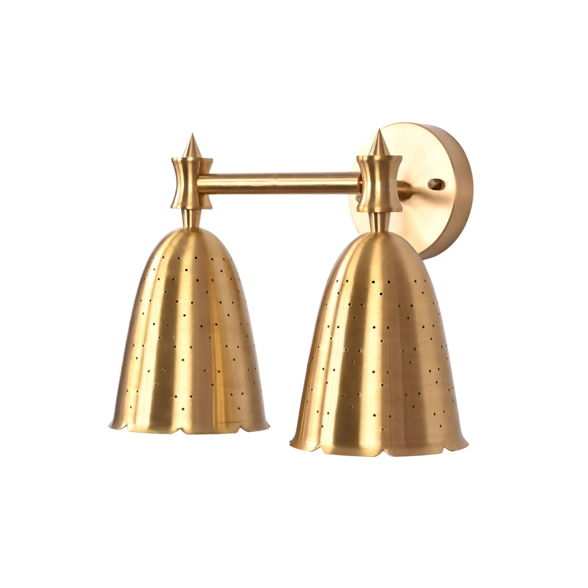 Angled view of double perforated bell wall sconce showing twin scalloped shades and horizontal support arm.