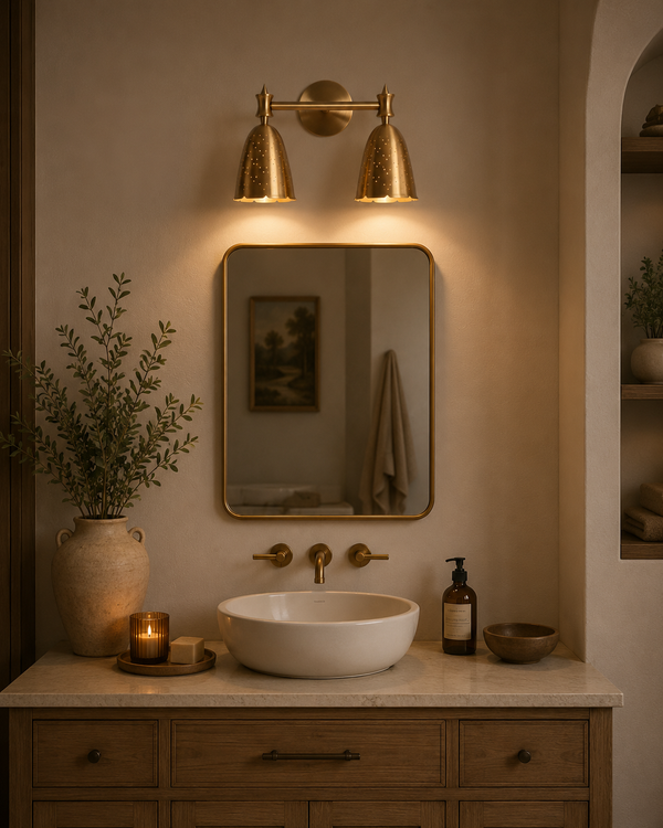Luna perforated double bell wall sconce installed above bathroom mirror with warm decorative vanity lighting.