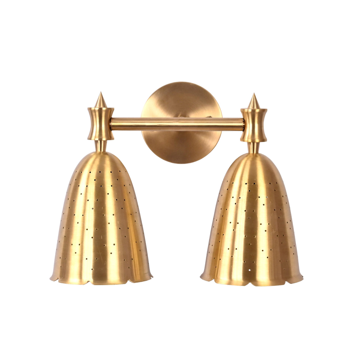 Front view of Luna perforated double bell wall sconce with twin shades and round backplate.