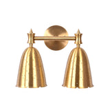Front view of Luna perforated double bell wall sconce with twin shades and round backplate.