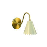 Luna Scalloped Cone Wall Sconce featuring a curved solid brass arm with a handcrafted white scalloped cone metal shade, angled front product view.