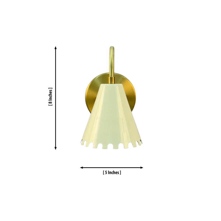 Luna Scalloped Cone Wall Sconce installed in a modern hallway, providing warm ambient lighting with a handcrafted white scalloped cone shade and solid brass curved arm.