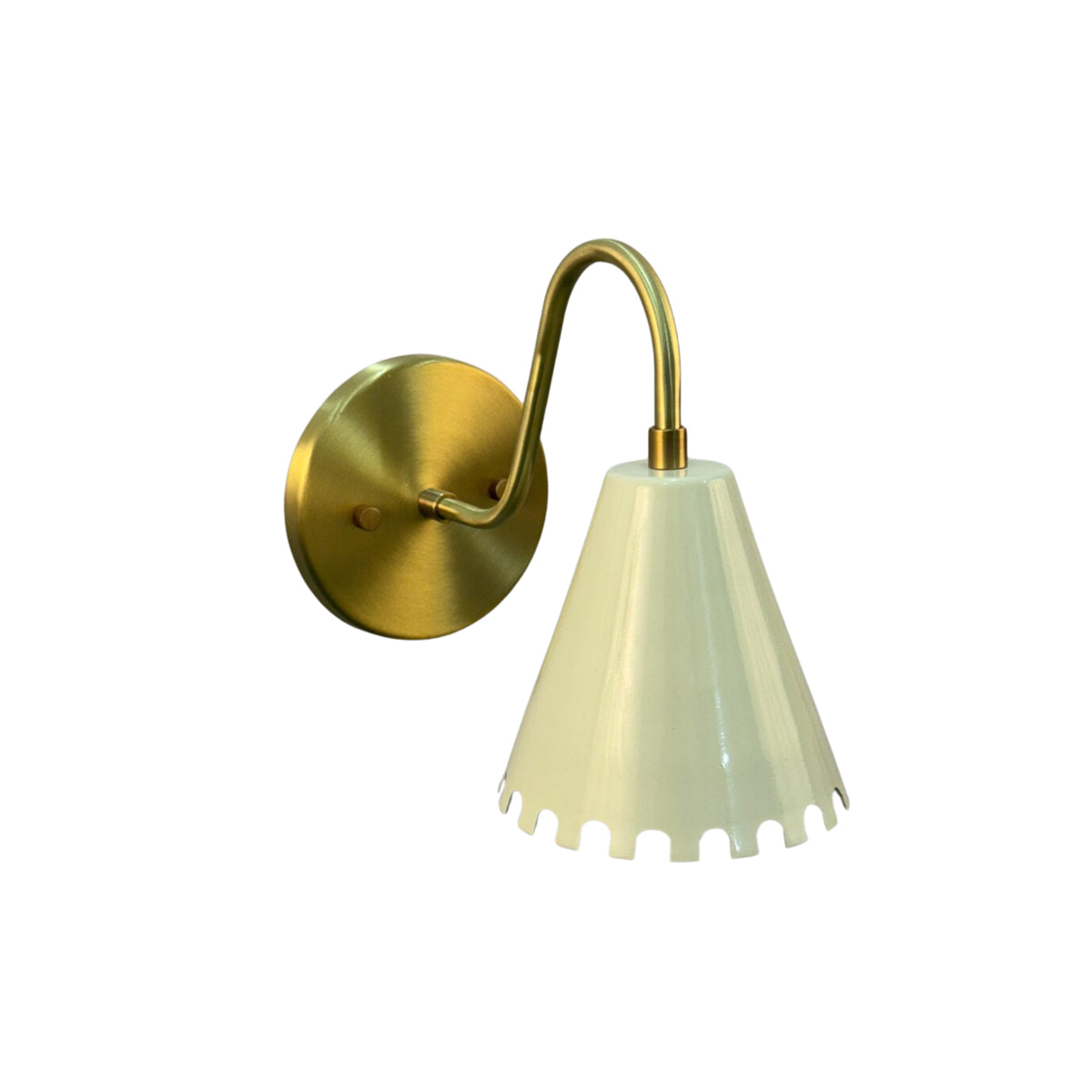 Front perspective of the Luna Scalloped Cone Wall Sconce with curved brass arm, round wall canopy, and handcrafted white scalloped cone shade.