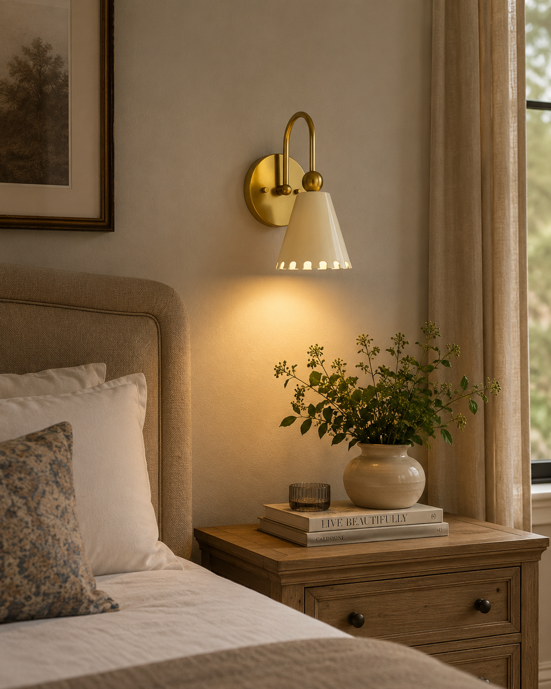 The Luna Scalloped Cone Wall Sconce installed beside a bed in a modern bedroom, providing warm ambient lighting with its white scalloped shade and solid brass finish.