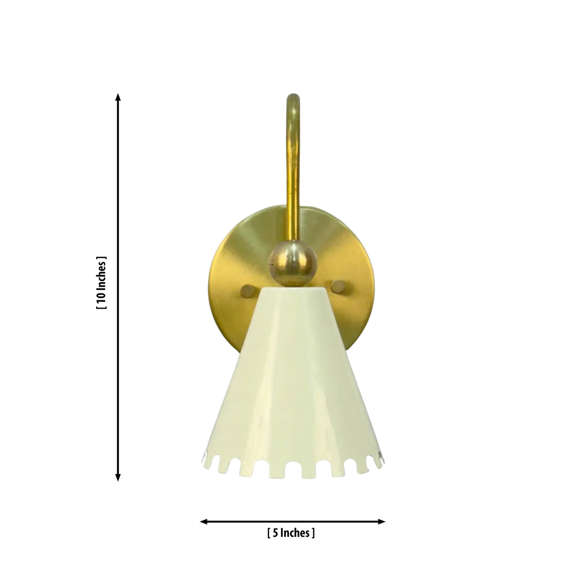 Dimension drawing of the Luna Scalloped Cone Wall Sconce showing 10-inch overall height and 5-inch shade width with a handcrafted scalloped metal shade and brass frame.