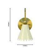 Dimension drawing of the Luna Scalloped Cone Wall Sconce showing 10-inch overall height and 5-inch shade width with a handcrafted scalloped metal shade and brass frame.