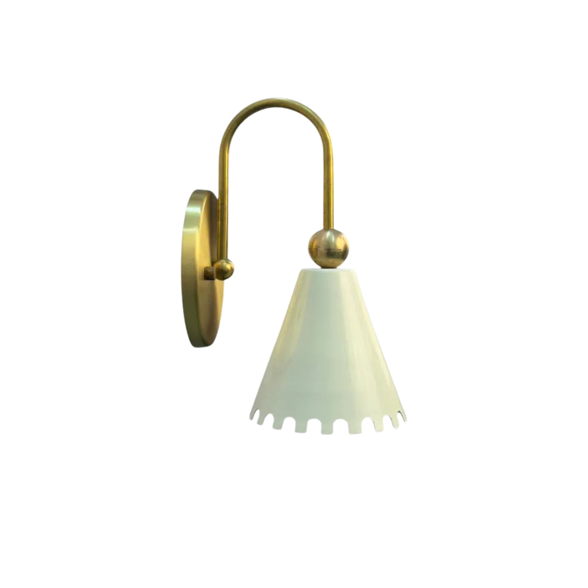 Side profile of the Luna Scalloped Cone Wall Sconce highlighting the curved brass arm, decorative brass sphere, white handcrafted scalloped shade, and wall projection.