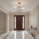 Luna 40 inch sculptural disc chandelier with two opposing white shades and decorative brass ball details, angled view, Model 62015