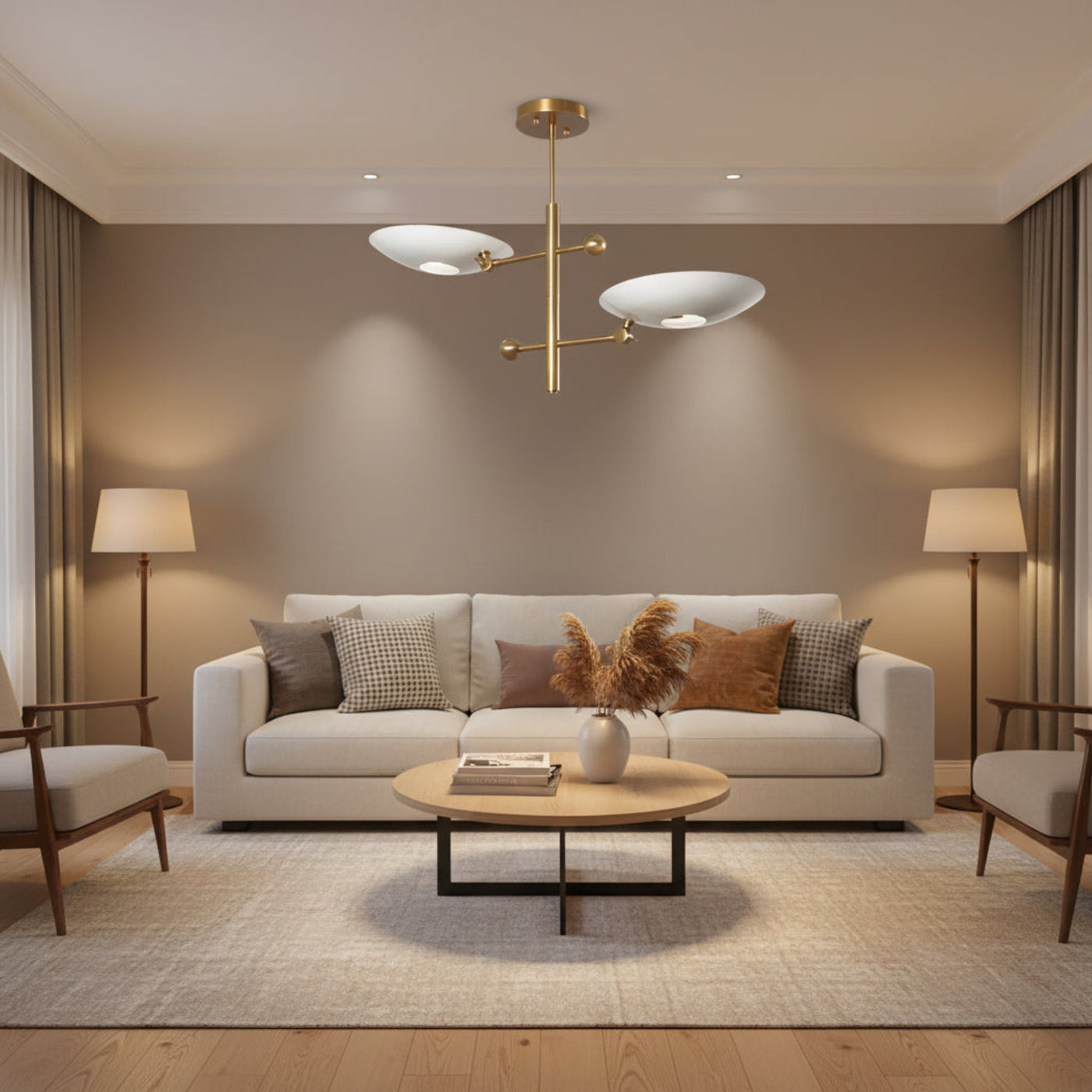 Luna sculptural disc chandelier with two white disc shades, brass arms and spherical accents, front view, Model 62015