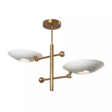Luna 2 light sculptural chandelier featuring white disc shades and warm brass frame, Model 62015
