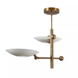 Luna 2 light Mid-Century Modern chandelier with white disc shades, brass central stem and spherical accents, side view, Model 62015