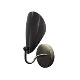 Side perspective of the Luna Sculptural Petal Wall Sconce in matte black highlighting the elegant curved arm and organic petal-inspired metal shade.