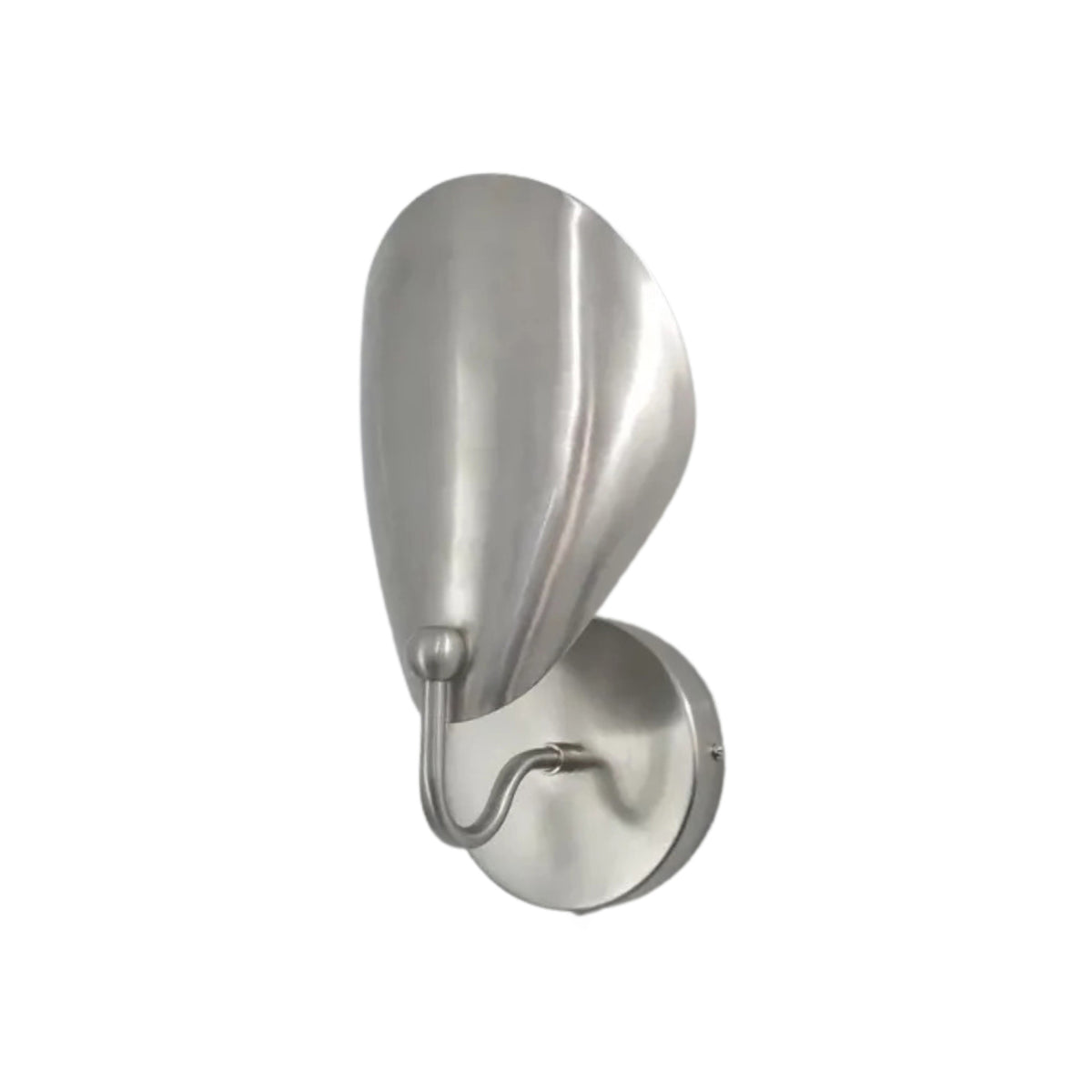 Front angled view of the Luna Sculptural Petal Wall Sconce in a satin nickel finish featuring a handcrafted organic petal-shaped metal shade with a curved wall arm.