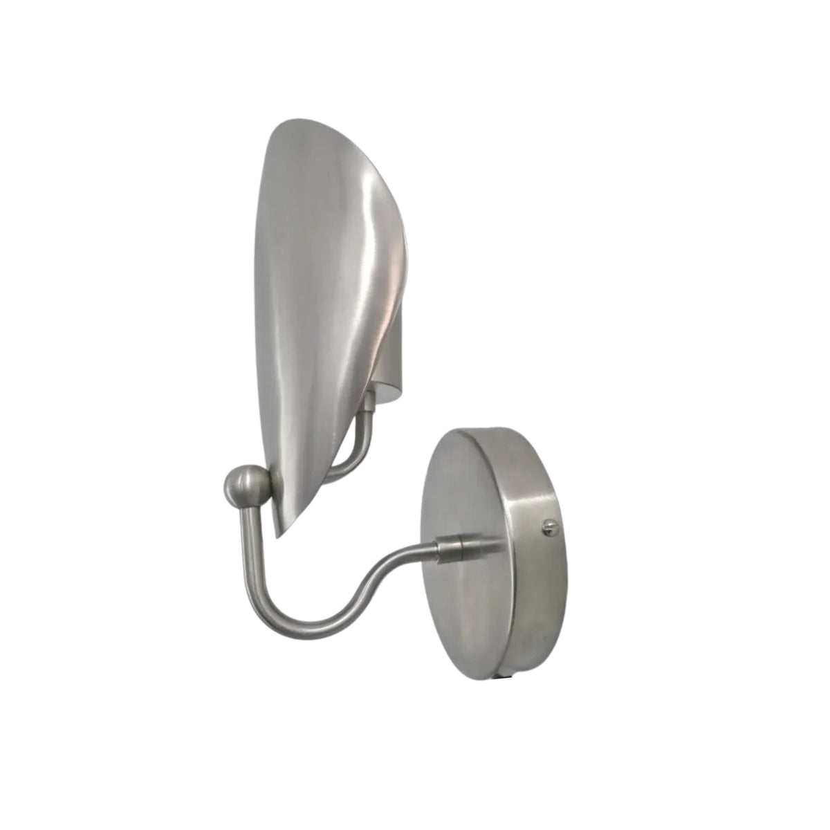 Side view of the Luna Sculptural Petal Wall Sconce in satin nickel featuring a handcrafted sculptural metal shade with a modern curved wall bracket.