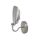 Side view of the Luna Sculptural Petal Wall Sconce in satin nickel featuring a handcrafted sculptural metal shade with a modern curved wall bracket.
