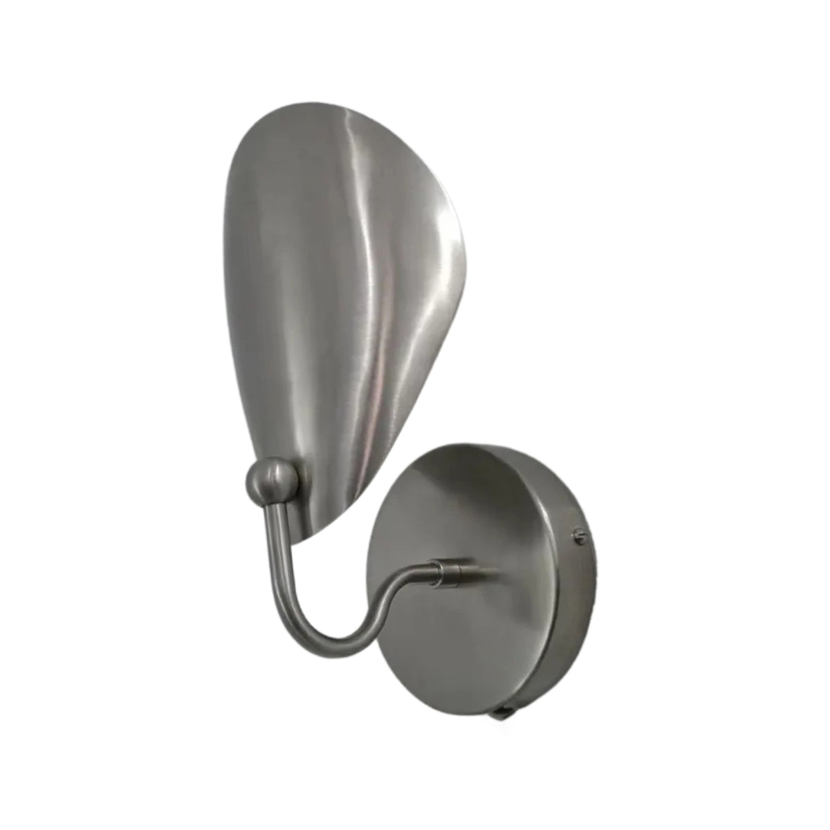 Three-quarter view of the Luna Sculptural Petal Wall Sconce in satin nickel emphasizing its elegant petal-shaped shade and contemporary minimalist design.