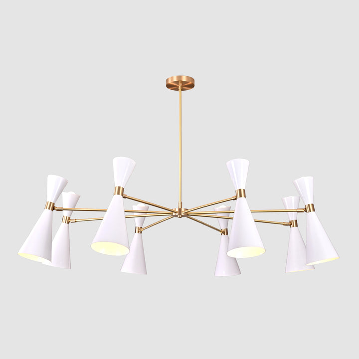 Minimalist white cone chandelier with 16 lights and brass frame set against a neutral background, perfect for modern interiors