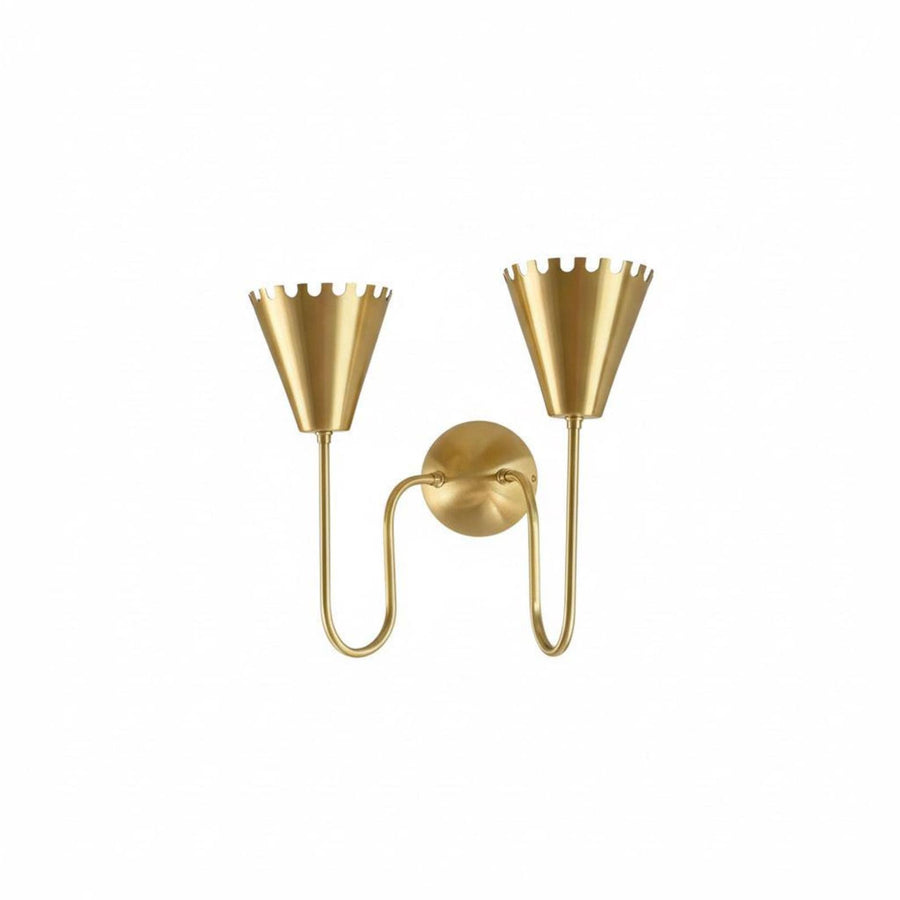 Front view of modern dual cone brass wall sconce with crown edge shades and curved arms in brushed brass finish