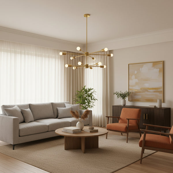 Lyon 12 light brass-tone tiered Sputnik chandelier shown from an angled view with exposed globe bulbs.