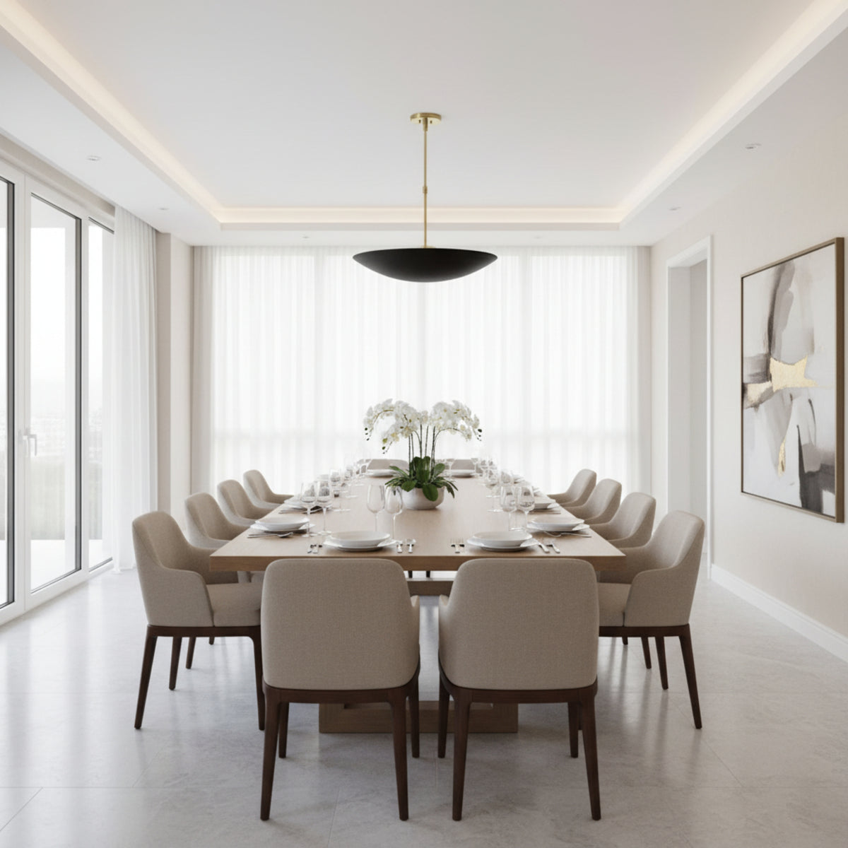 Madrid 5 light sculptural black bowl chandelier with contrasting brass stem and ceiling canopy shown from an angled view.