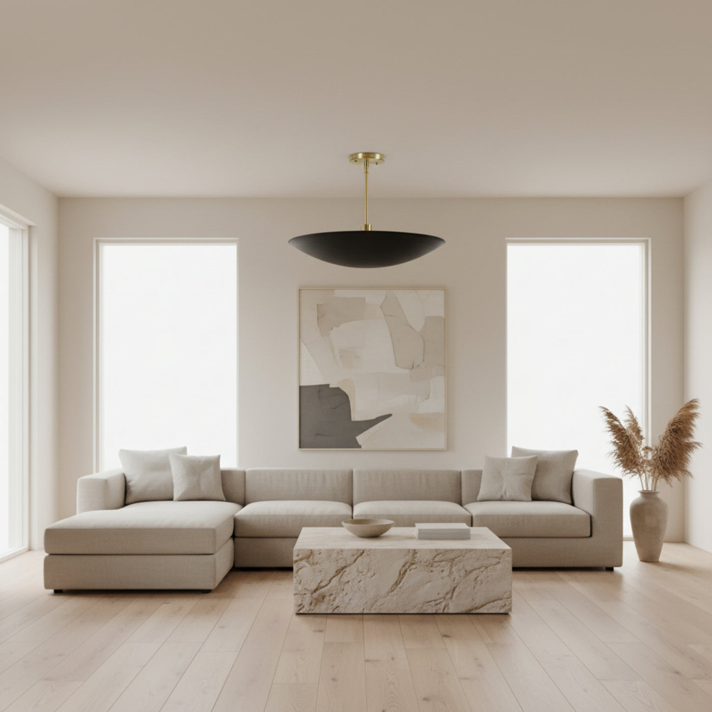 Madrid 5 light black bowl chandelier featuring a wide curved shade, brass downrod and matching round canopy on a white background.