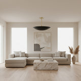 Madrid 5 light black bowl chandelier featuring a wide curved shade, brass downrod and matching round canopy on a white background.