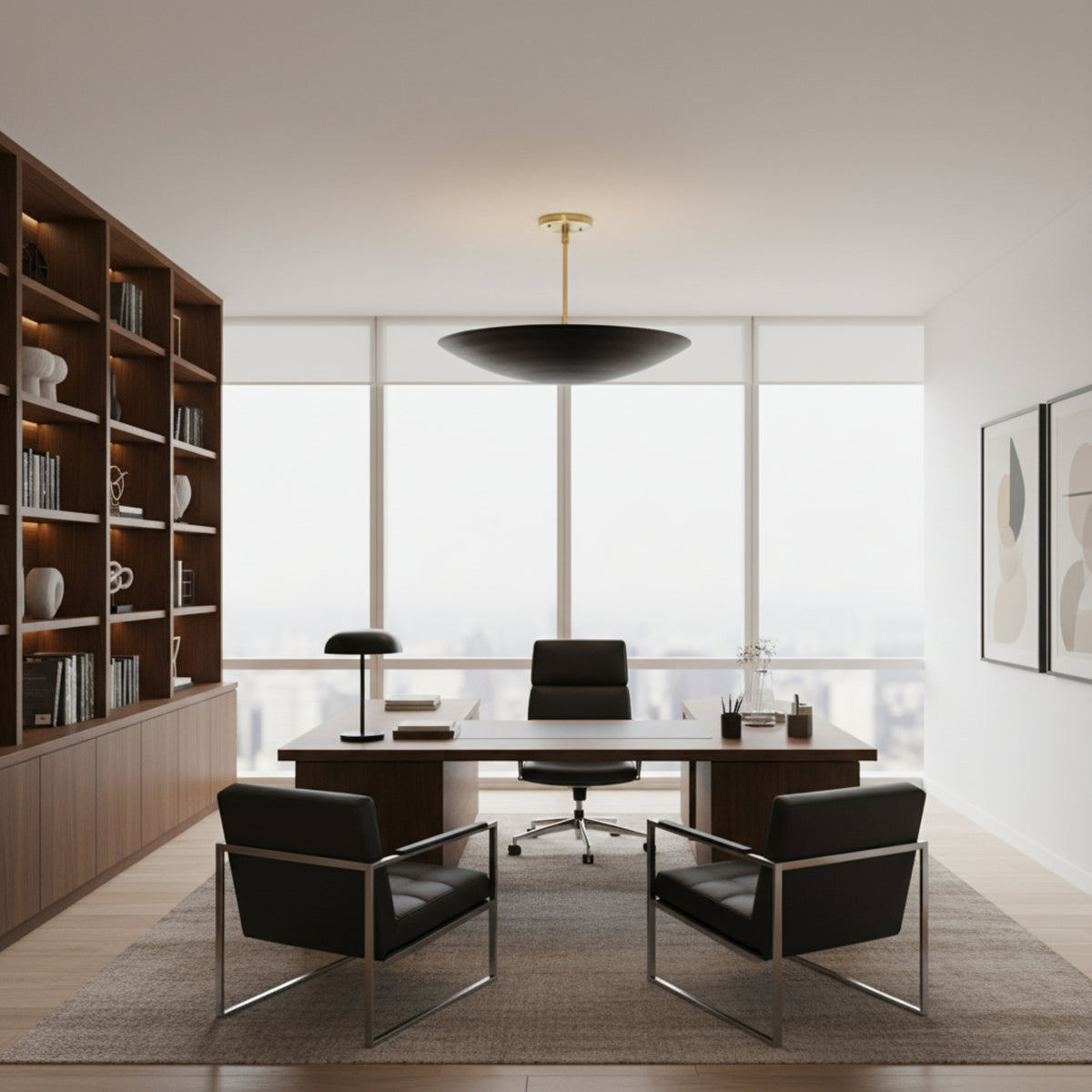 Madrid 5 light Mid-Century Modern bowl chandelier showing its shallow curved black shade and brass ceiling mount.