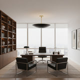 Madrid 5 light Mid-Century Modern bowl chandelier showing its shallow curved black shade and brass ceiling mount.