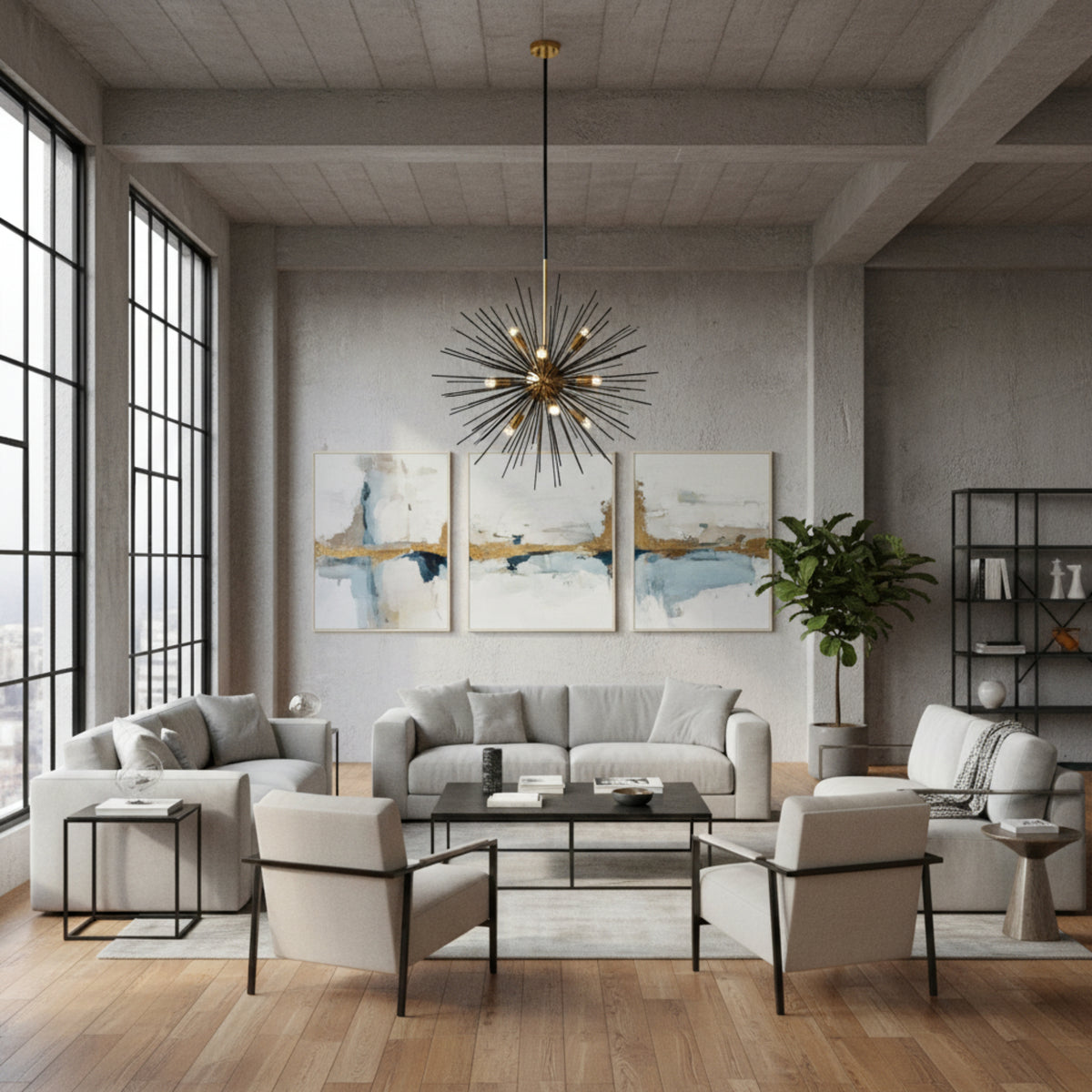 Madrid 10 light sculptural starburst chandelier shown from an alternate angle highlighting its black radial rods and warm brass-tone central hub.