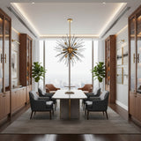 Madrid 10 light Mid-Century Modern chandelier shown from the front with a dramatic black sunburst structure, brass-tone accents, and exposed bulbs.