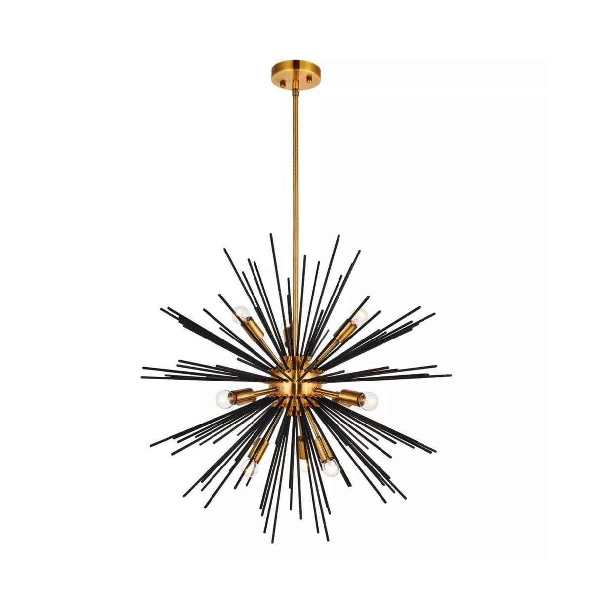 Madrid 10 light black and brass-tone starburst chandelier shown from an angled view with dramatic radial rods and exposed bulbs.
