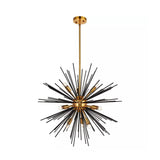 Madrid 10 light black and brass-tone starburst chandelier shown from an angled view with dramatic radial rods and exposed bulbs.