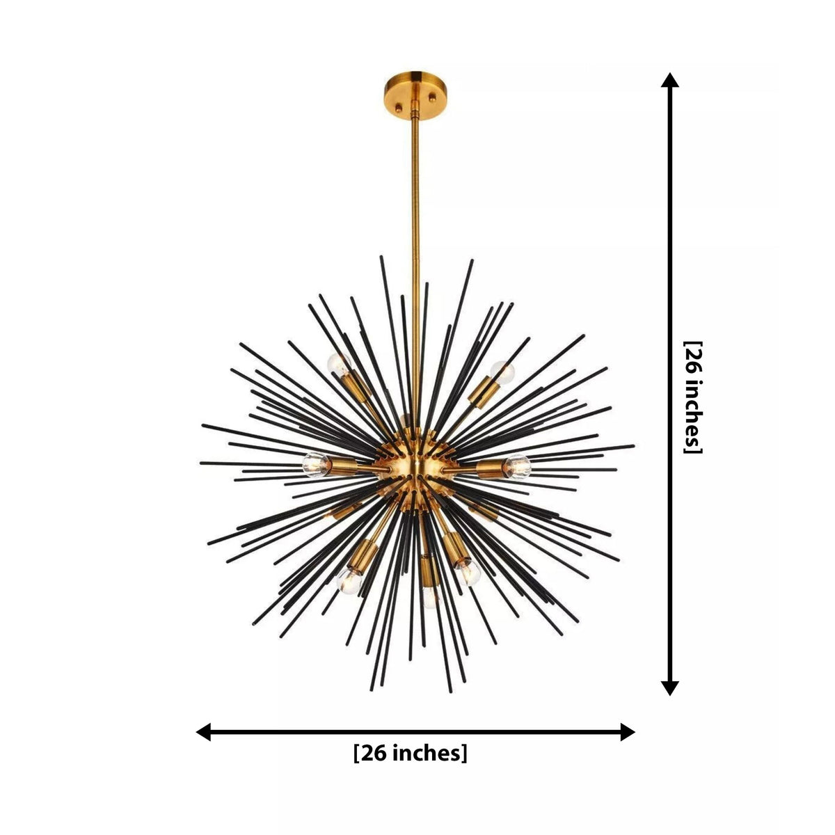 Madrid 10 light starburst chandelier dimension view showing 26 inch width and 26 inch overall height.
