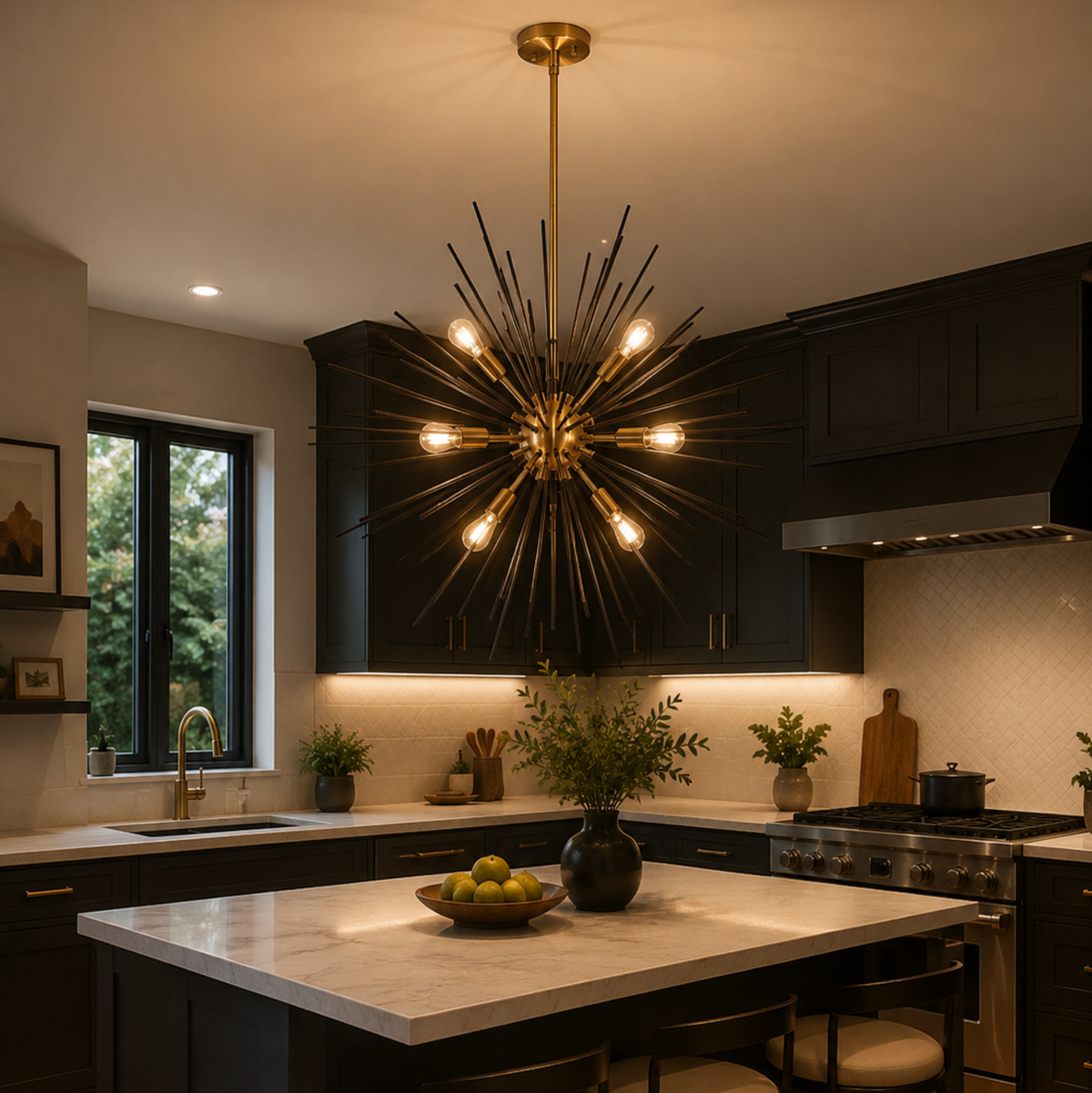 Madrid 10 light black and brass-tone Sputnik chandelier illuminated above a kitchen island in a sophisticated contemporary interior.