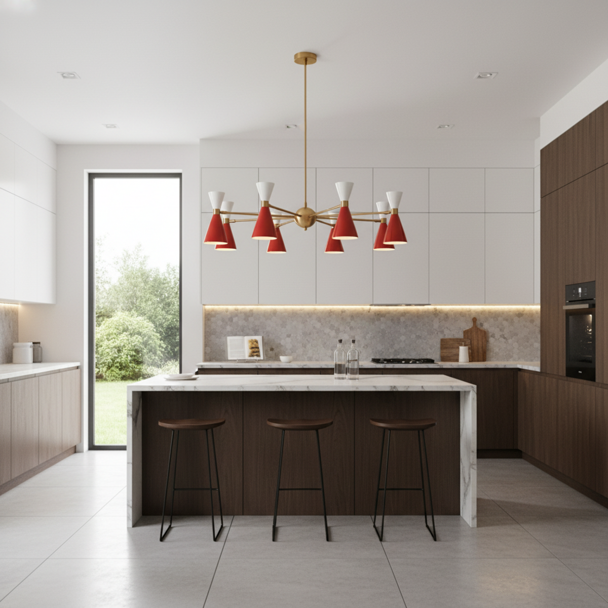 Malibu 8 light retro chandelier shown from an alternate angle with sculptural red and white cone shades and brass-tone detailing.