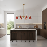 Malibu 8 light retro chandelier shown from an alternate angle with sculptural red and white cone shades and brass-tone detailing.