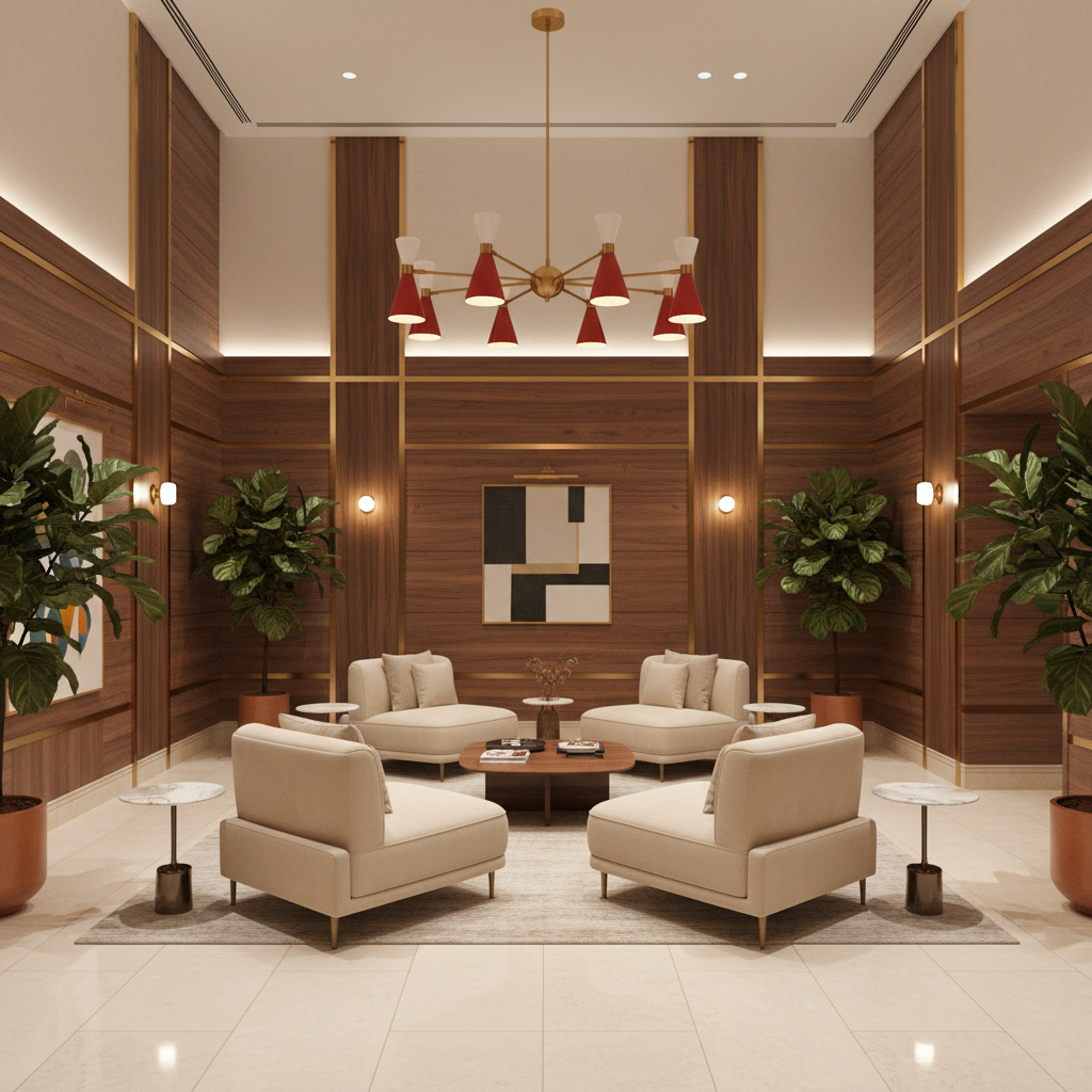 Malibu 8 light double cone chandelier shown from the front highlighting its red lower shades, white upper cones, and brass-tone frame.