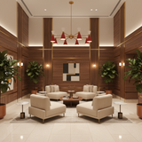 Malibu 8 light double cone chandelier shown from the front highlighting its red lower shades, white upper cones, and brass-tone frame.