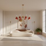 Malibu 8 light sculptural chandelier shown from an angled view with two-tone cone shades and warm brass-tone multi-arm construction.