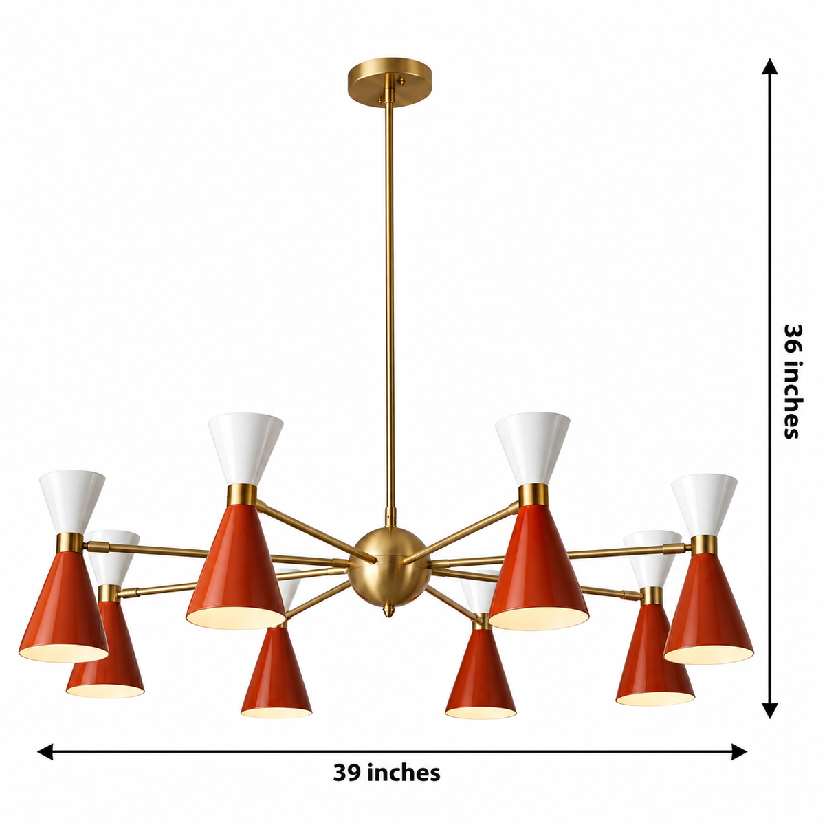 Malibu 8 light double cone chandelier dimension view showing 39 inch width and 36 inch overall height with red and white shades.